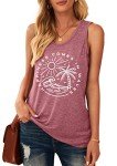 MEESHEEP Womens Beach Tank Top Summer Vacation Graphic Shirt Funny Beach Vest Happiness Comes in Waves Sleeveless Top Pink