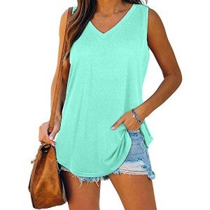 Famulily Casual Summer Beach Sleeveless V Neck Tank Tops for Women Ladies Plain Baggy Tunic Shirts(Light Green,XL)