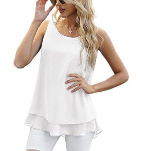 Jouica Women's Summer Round Neck Sleeveless Blouse Loose Casual Flowy Chiffon Tank Tops for Women,White,3X-Large