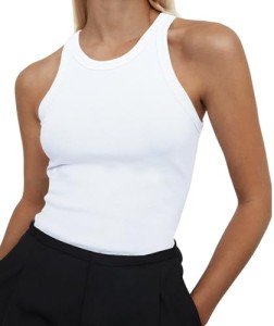 Artfish Women's Sleeveless Full Length Ribbed Fitted Racerback Workout Crew High Neck Basic Tank Top, White, Medium