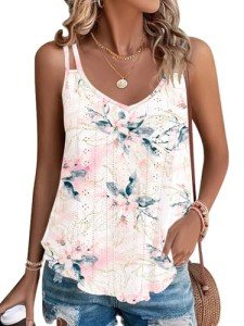 WNEEDU Womens Tank Tops Summer Eyelet Sleeveless V Neck Spaghetti Strap Pleated Flowy Boho Camisole 2025 Casual Shirts White Pink Flower S