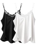 Ekouaer Women's 2 PCS Silk Satin Tank Top Lace Cami Spaghetti Strap Top Camisoles