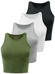 Kole Meego 4 Pack Cotton Crop Tops for Women Workout Cropped Tank Top High Neck Camisole Yoga Shirts Athletic Undershirts Black White Grey Green L