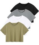 Cosy Pyro 4-Pack Women's Cotton Crop T-Shirts Short Sleeve Solid Cropped Athletic Top Round Neck Casual Workout Yoga Tees Black/Gray/White/Army XL