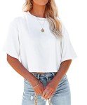 BINLIANG Women Half Sleeve Cropped T Shirt Tops Round Neck Crop Casual Summer Basic Tees Tshirt (D# White,Large)