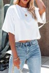 BINLIANG Women Half Sleeve Cropped T Shirt Tops Round Neck Crop Casual Summer Basic Tees Tshirt (D# White,Large)