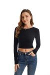 ACANI Black Crop Tops for Women Ribbed Women's Long Sleeve Slim Fit Black Crop Tops Basic Stretchy Lightweight Button-Down Button-Down(Black Medium)