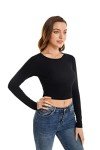 ACANI Black Crop Tops for Women Ribbed Women's Long Sleeve Slim Fit Black Crop Tops Basic Stretchy Lightweight Button-Down Button-Down(Black Medium)