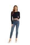 ACANI Black Crop Tops for Women Ribbed Women's Long Sleeve Slim Fit Black Crop Tops Basic Stretchy Lightweight Button-Down Button-Down(Black Medium)