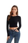 ACANI Black Crop Tops for Women Ribbed Women's Long Sleeve Slim Fit Black Crop Tops Basic Stretchy Lightweight Button-Down Button-Down(Black Medium)