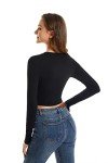 ACANI Black Crop Tops for Women Ribbed Women's Long Sleeve Slim Fit Black Crop Tops Basic Stretchy Lightweight Button-Down Button-Down(Black Medium)