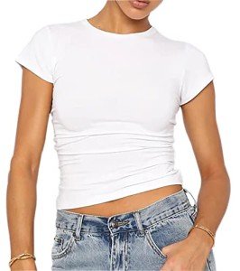 LACOZY Women's Basic Solid Crop Tops Short Sleeve Round Neck Shirt Workout Slim Fit T-Shirt Y2K White S