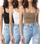 SUNDELL 3 Pack Crop Tank Tops for Women Casual Sleeveless Crop Tops Double Layer Cropped Yoga Workout Tops(Black/White/Brown-S)