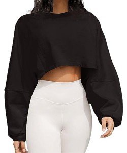 Meladyan Women Long Sleeve Crewneck Crop Top Tee Shirt Sweatshirt Casual Solid Loose Fit Workout Cropped Pullover Tshirt, Black, Medium