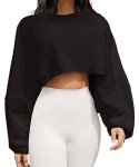 Meladyan Women Long Sleeve Crewneck Crop Top Tee Shirt Sweatshirt Casual Solid Loose Fit Workout Cropped Pullover Tshirt, Black, Medium