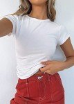 LACOZY Women's Basic Solid Crop Tops Short Sleeve Round Neck Shirt Workout Slim Fit T-Shirt Y2K White S
