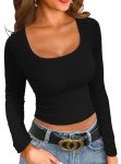 ZAWAPEMIA Womens Long Sleeve Crop Top Square Neck Stretchy Slim Fitted Tee Shirts Casual Basic Ribbed Tops S Black