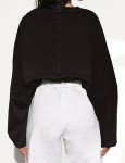 Meladyan Women Long Sleeve Crewneck Crop Top Tee Shirt Sweatshirt Casual Solid Loose Fit Workout Cropped Pullover Tshirt, Black, Medium