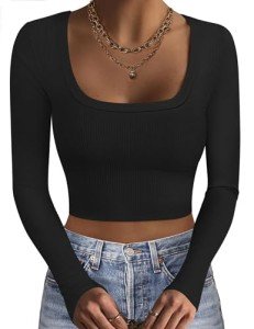 Ekouaer Womens Long Sleeve Square Neck Crop Top Ribbed Slim Fitted Tops Casual Basic Shirts Thermal Undershirts Tee Black S