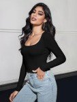 ZAWAPEMIA Womens Long Sleeve Crop Top Square Neck Stretchy Slim Fitted Tee Shirts Casual Basic Ribbed Tops S Black