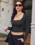 Ekouaer Womens Long Sleeve Square Neck Crop Top Ribbed Slim Fitted Tops Casual Basic Shirts Thermal Undershirts Tee Black S