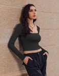 Ekouaer Womens Long Sleeve Square Neck Crop Top Ribbed Slim Fitted Tops Casual Basic Shirts Thermal Undershirts Tee Black S