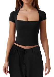 LACOZY Women's Square Neck Crop Top Sexy Short Sleeve T Shirts Cute Going Out Tops Y2k Basic Cropped Tee 2024 Black S
