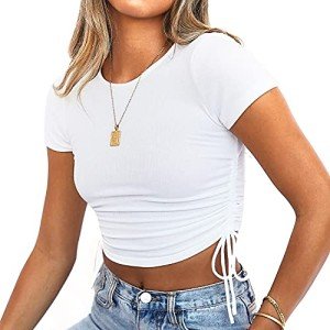 Kirozanny Women's Round Neck Short Sleeve Drawstring Side Slim Fit Stretchy Crop Tops(White,Small)