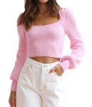 LACOZY Women's Ribbed Knit Cropped Sweater Long Sleeve Square Neck Shirts Casual Basic Slim Fit Pullover Top Pink Small
