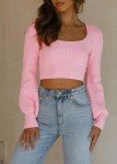 LACOZY Women's Ribbed Knit Cropped Sweater Long Sleeve Square Neck Shirts Casual Basic Slim Fit Pullover Top Pink Small