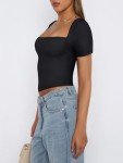 LACOZY Women's Square Neck Crop Top Sexy Short Sleeve T Shirts Cute Going Out Tops Y2k Basic Cropped Tee 2024 Black S