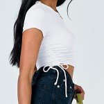 Kirozanny Women's Round Neck Short Sleeve Drawstring Side Slim Fit Stretchy Crop Tops(White,Small)