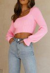 LACOZY Women's Ribbed Knit Cropped Sweater Long Sleeve Square Neck Shirts Casual Basic Slim Fit Pullover Top Pink Small