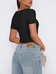 LACOZY Women's Square Neck Crop Top Sexy Short Sleeve T Shirts Cute Going Out Tops Y2k Basic Cropped Tee 2024 Black S
