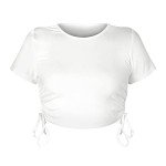 Kirozanny Women's Round Neck Short Sleeve Drawstring Side Slim Fit Stretchy Crop Tops(White,Small)