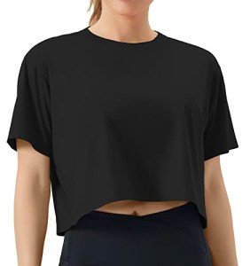 THE GYM PEOPLE Women's Workout Crop Top T-Shirt Short Sleeve Boxy Yoga Running Cropped Basic Tee Black