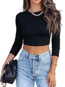 LACOZY Ribbed Long Sleeve Crop Top for Women Black T Shirt Ladies Y2k Top Tight Fall Summer Top Round Neck Basic Tee M