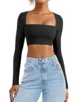 VOYJOY Women's Square Neck Crop Top Workout Tops Long Sleeve Shirts Cropped T Shirts Women Cute Top, Black, Small