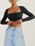VOYJOY Women's Square Neck Crop Top Workout Tops Long Sleeve Shirts Cropped T Shirts Women Cute Top, Black, Small