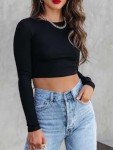 LACOZY Ribbed Long Sleeve Crop Top for Women Black T Shirt Ladies Y2k Top Tight Fall Summer Top Round Neck Basic Tee M