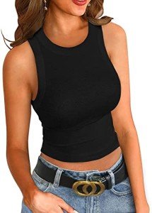 ZAWAPEMIA Womens Crop Tank Tops High Neck Sleeveless Shirt Slim Solid Ribbed Tank Top M Black