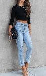 LACOZY Ribbed Long Sleeve Crop Top for Women Black T Shirt Ladies Y2k Top Tight Fall Summer Top Round Neck Basic Tee M