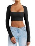 VOYJOY Women's Square Neck Crop Top Workout Tops Long Sleeve Shirts Cropped T Shirts Women Cute Top, Black, Small
