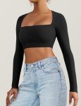 VOYJOY Women's Square Neck Crop Top Workout Tops Long Sleeve Shirts Cropped T Shirts Women Cute Top, Black, Small