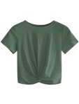 RANPHEE Crop Tops for Womens Green Summer Short Sleeve Crew Neck Basic Tops Cute Twist Front Tee Shirts Ladies Fashion Trendy Clothing L