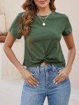 RANPHEE Crop Tops for Womens Green Summer Short Sleeve Crew Neck Basic Tops Cute Twist Front Tee Shirts Ladies Fashion Trendy Clothing L