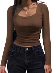 Zeagoo Basic Long Sleeves Shirts for Women 2024 Summer Fall Tops Square Neck Tshirts Tight Skims Crop Top Brown
