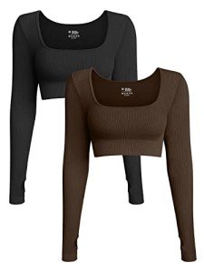 OQQ Women's 2 Piece Crop Top Ribbed Seamless Workout Exercise Long Sleeve Crop Tops, Black,Coffee, Small