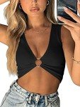 AEVZIV Women's Sexy Crop Tops Leeveless Deep V Neck Workout Tops Plunge Ring Cleavage Cropped Tank Top M Medium Black