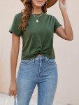RANPHEE Crop Tops for Womens Green Summer Short Sleeve Crew Neck Basic Tops Cute Twist Front Tee Shirts Ladies Fashion Trendy Clothing L